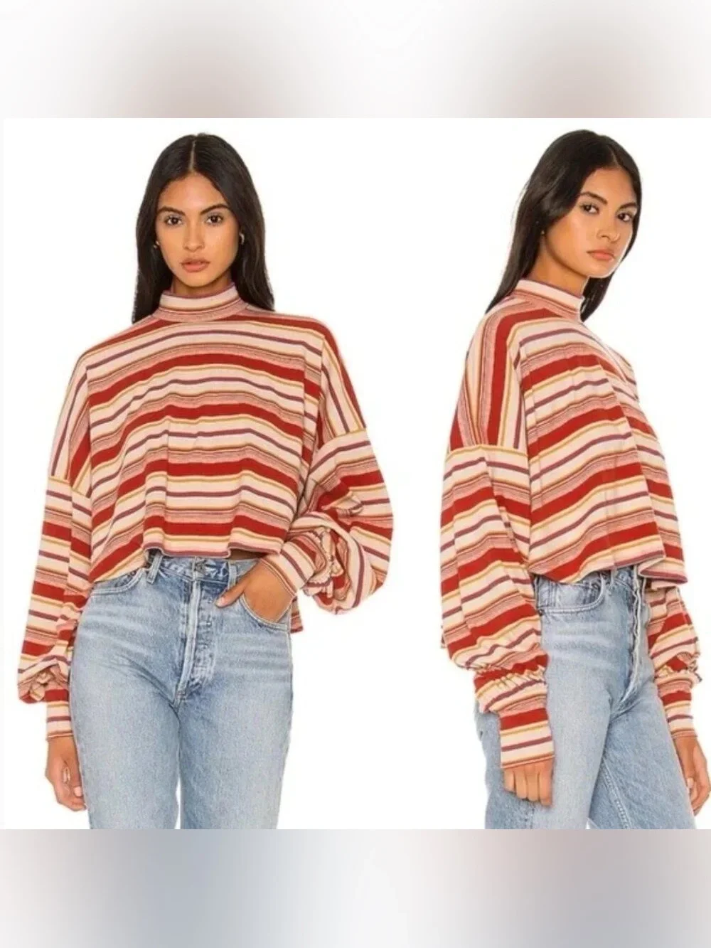 Free‎ People Red and Cream Striped Long Sleeve Top. Size XS Oversized